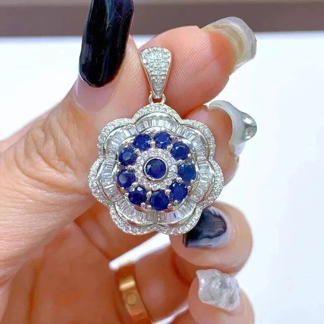 925 Silver Flower Charm Pendant Chain Simulated Sapphire 14K White Gold Finish