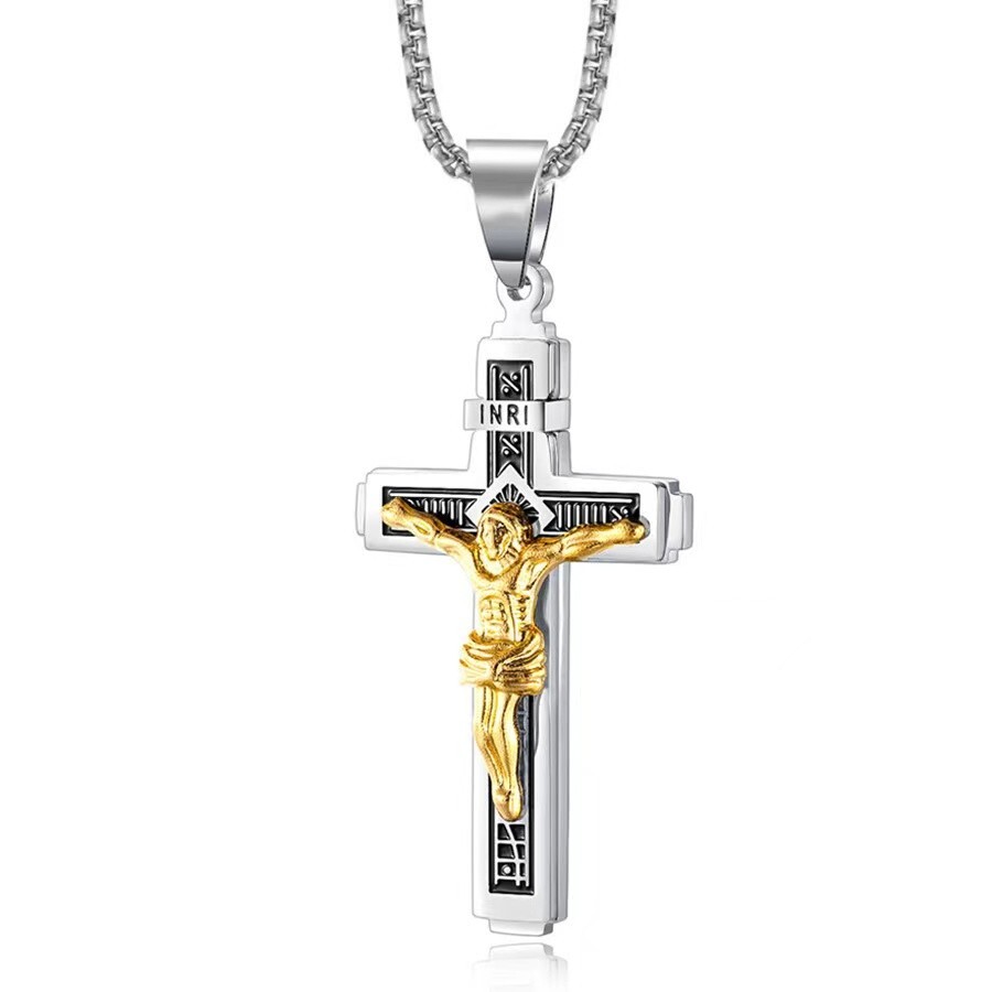 Jesus Christ Crucifix Cross Pendant Necklace For Men Catholic Jewelry Chain 24″