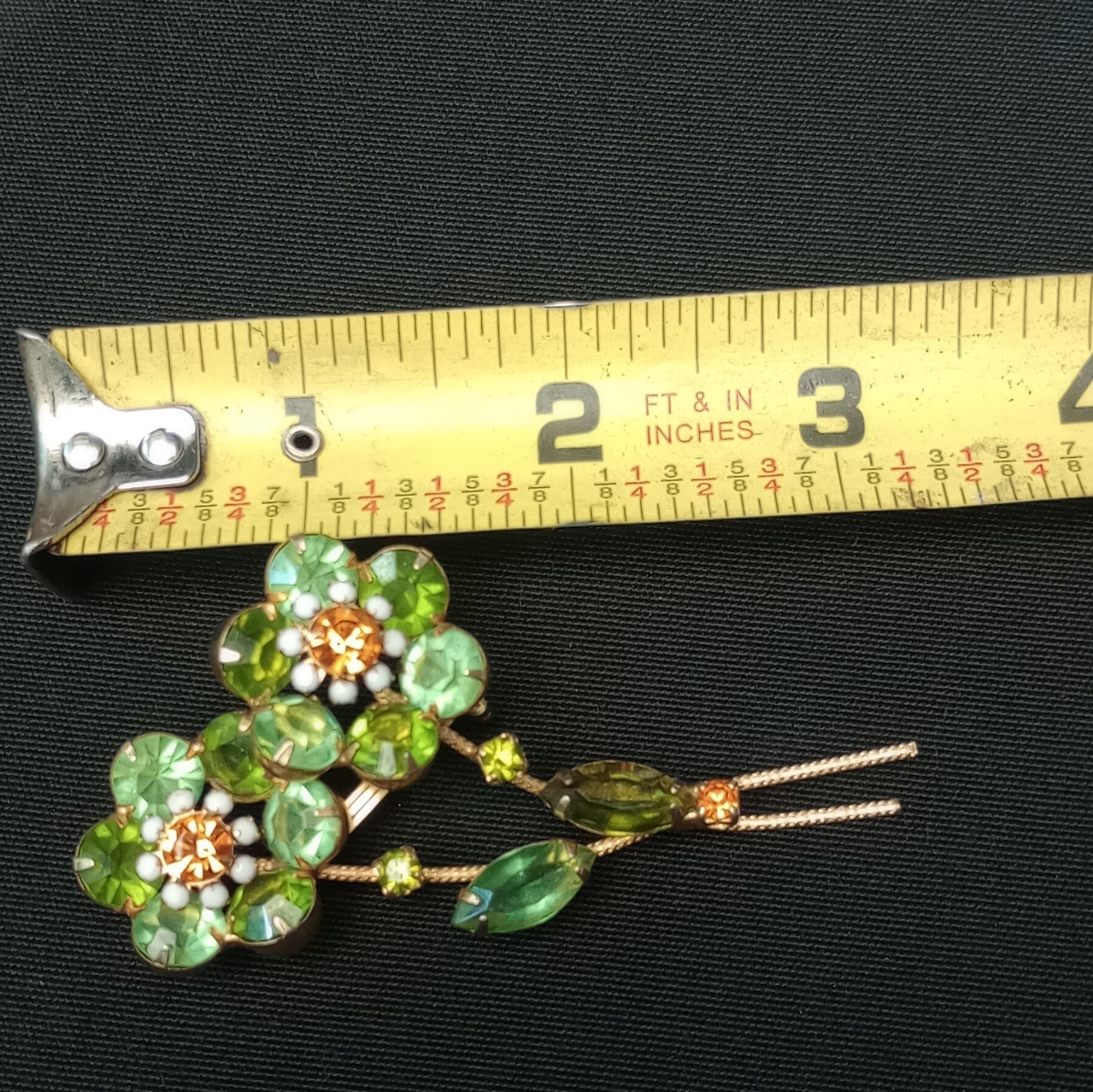 Green Rhinestone Flower Brooch Pin, Gold Tone Metal, 3 in, Prong Set