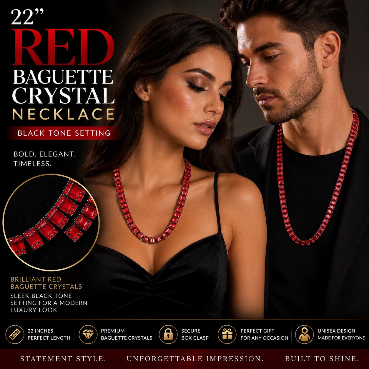22″ Red Baguette Crystal Tennis Necklace Black Tone Setting Statement Jewelry…