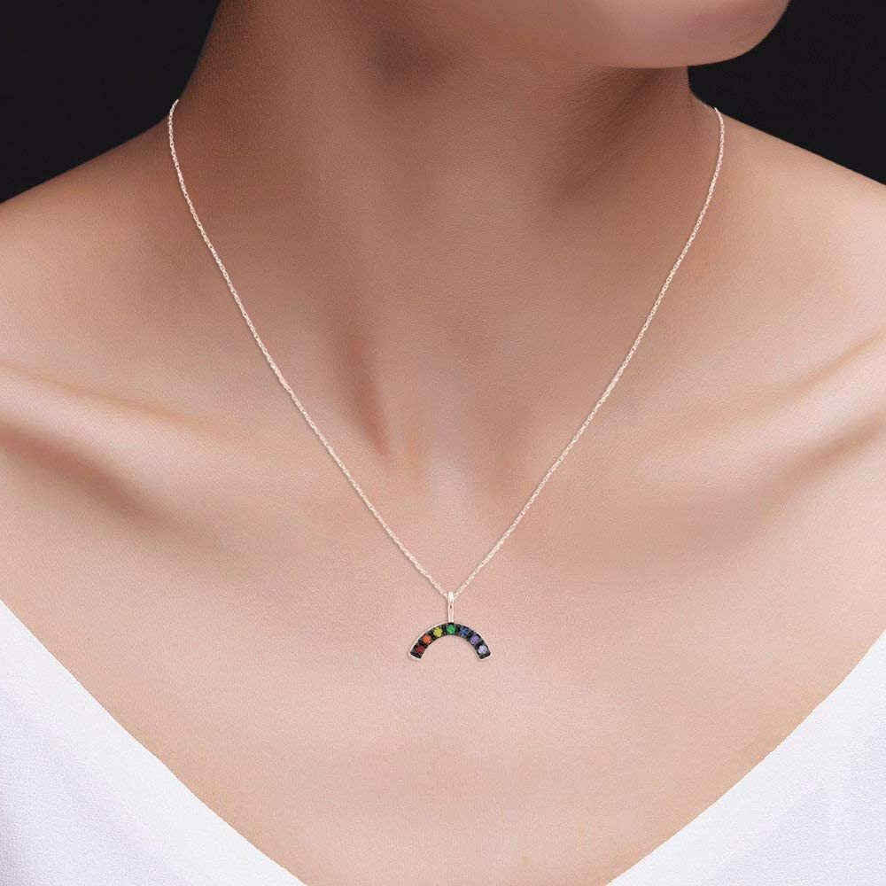 Rainbow Pendant Necklace 18″ Simulated Gemstone 14K Rose Gold Plated 925 Silver