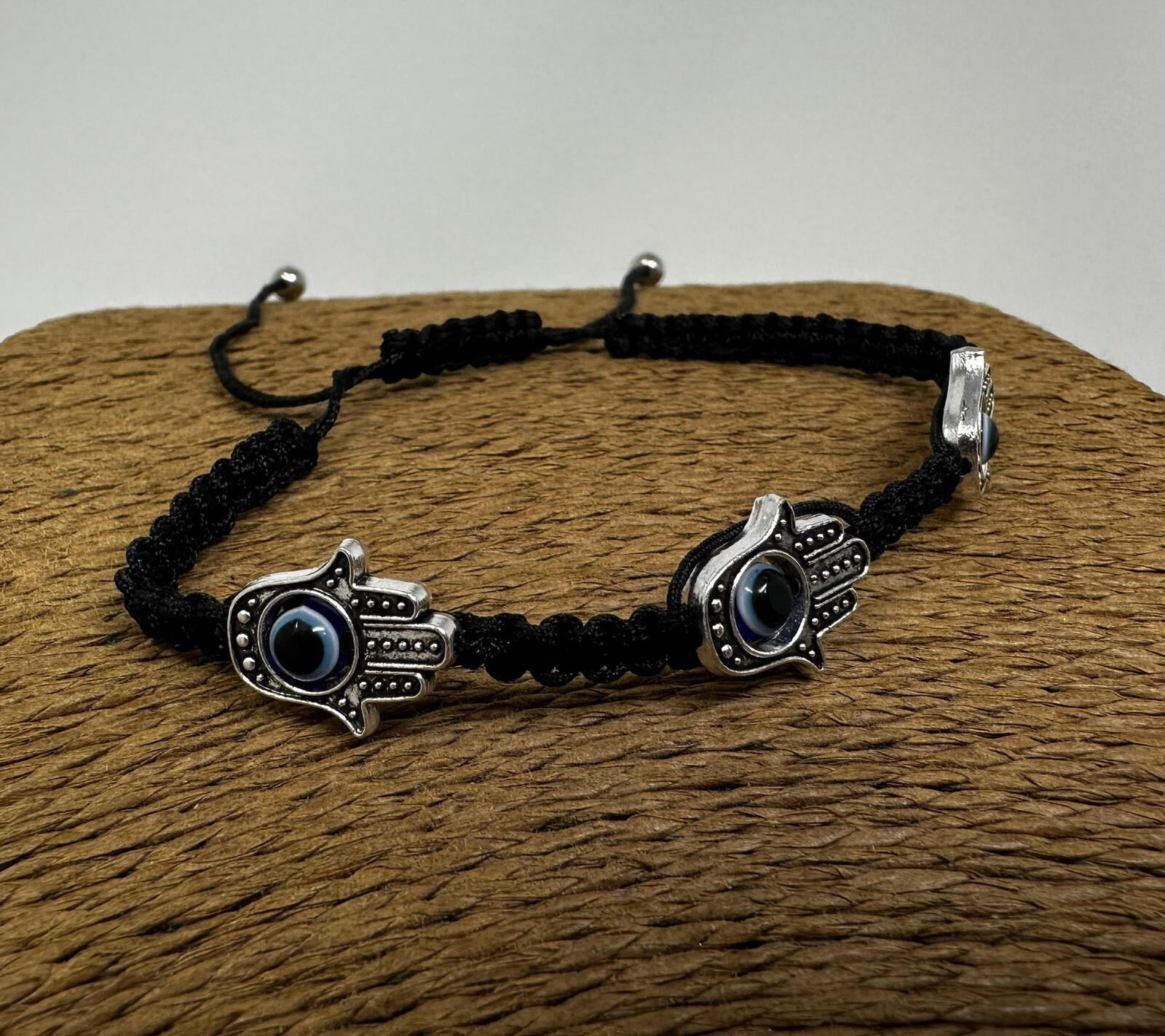 Adjustable Unisex Hamsa Hand Bracelet with Protection Eye Black Macrame Cord