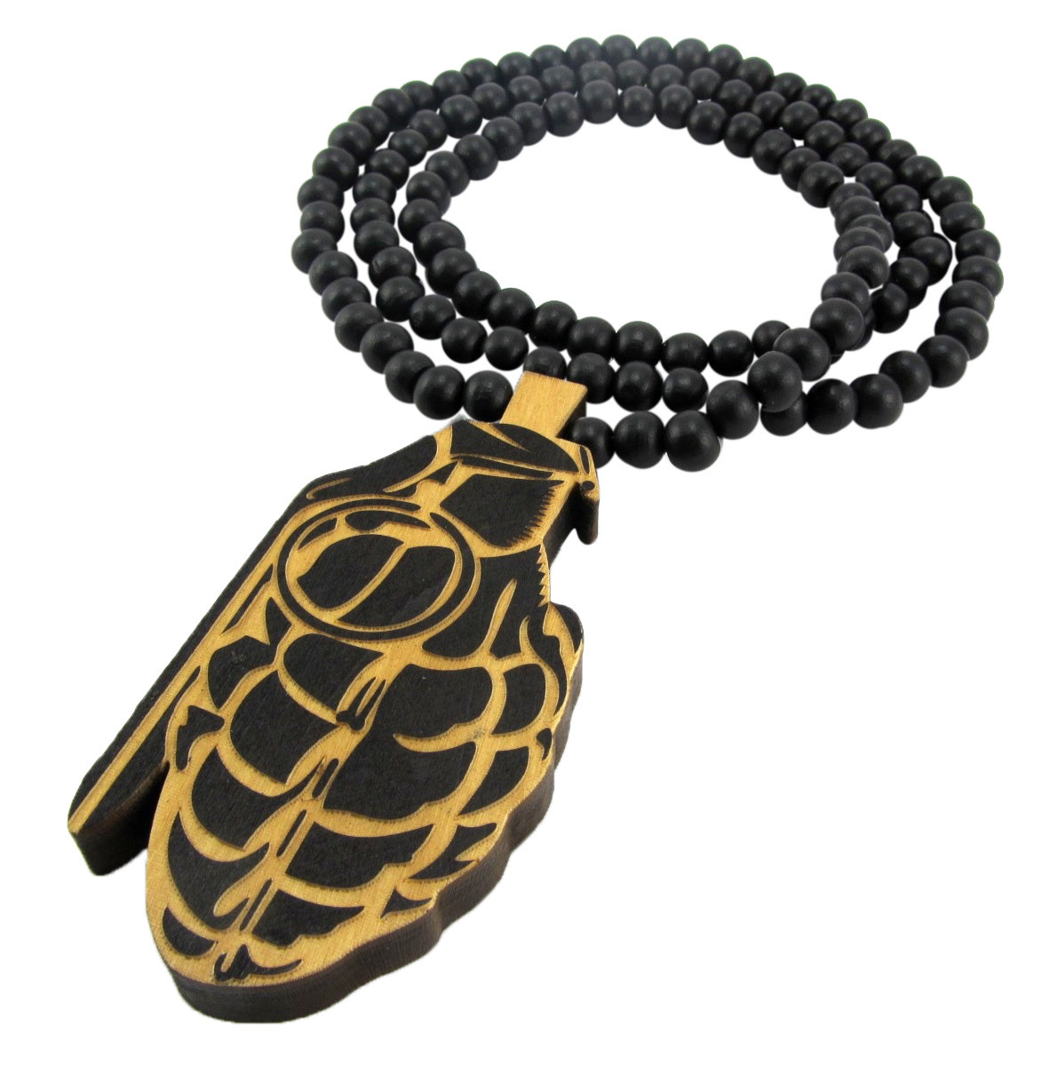 WOODEN HAND GRENADE PENDANT PIECE & 36″ CHAIN NECKLACE GOOD WOOD WAR BOMB STYLE