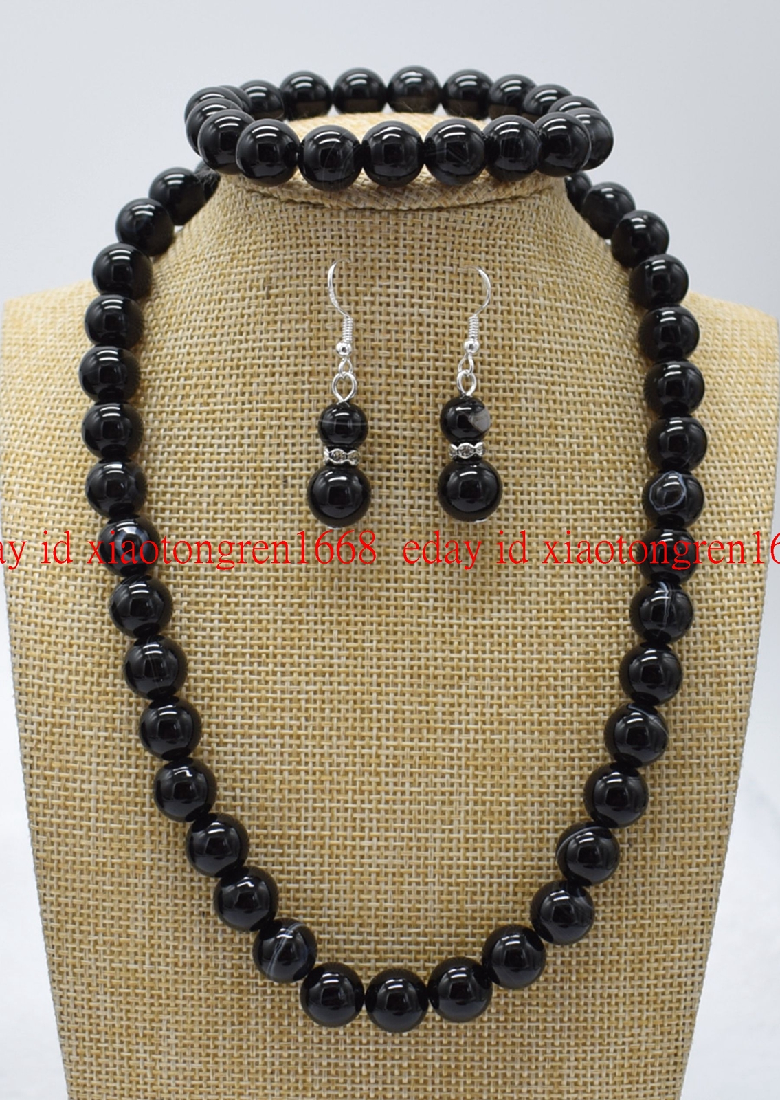 Fashion 10mm Black Striped Agate Gem Round Necklace 18-36″ Bracelet 7.5″ Earring