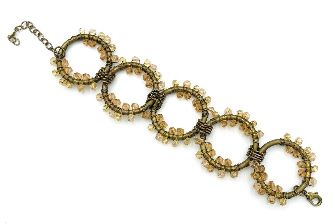 Bronze Tone Open Hoop Wire Wrap Beaded Bracelet