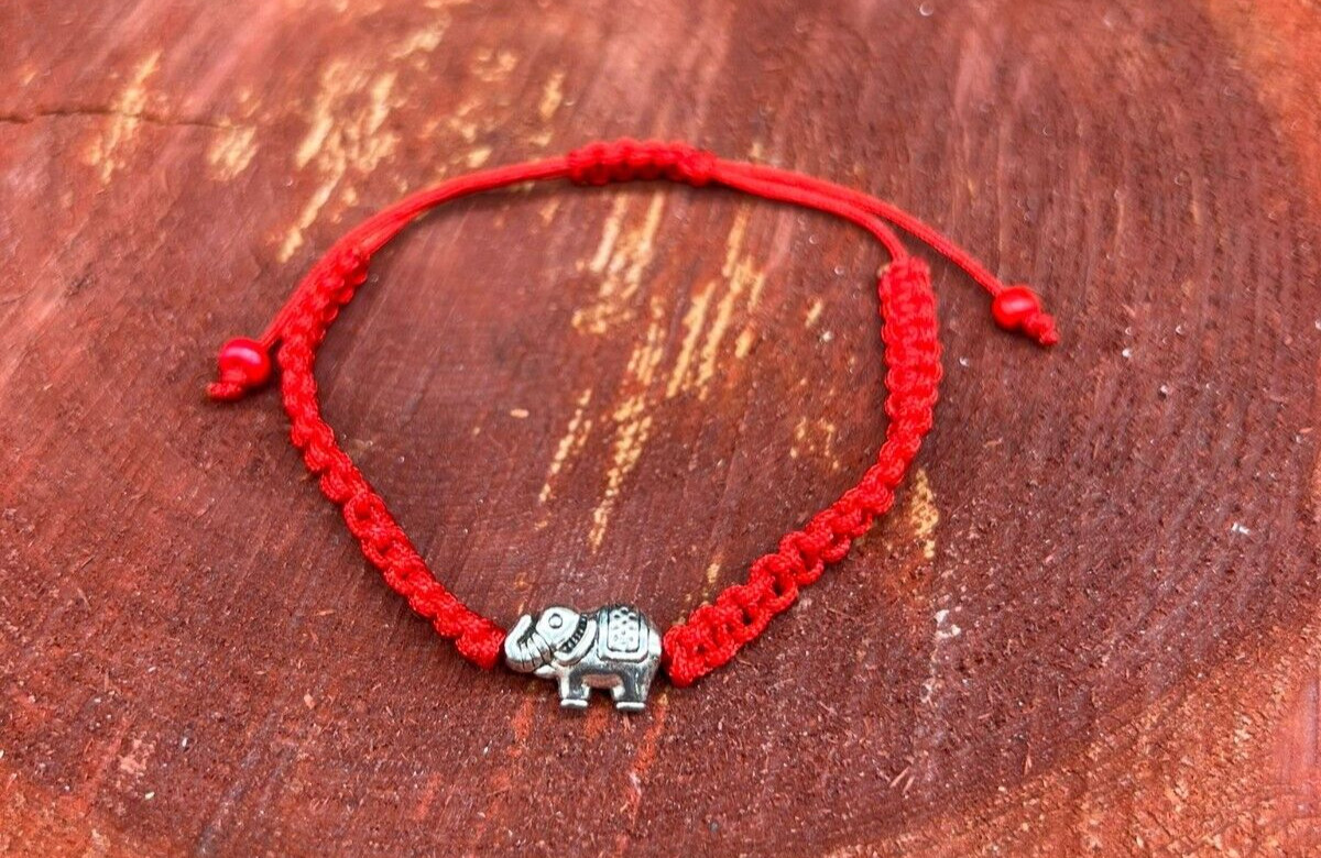 Baby Kids Sizes Red Thread Macrame Bracelet with Brass Plated Elephant Charm