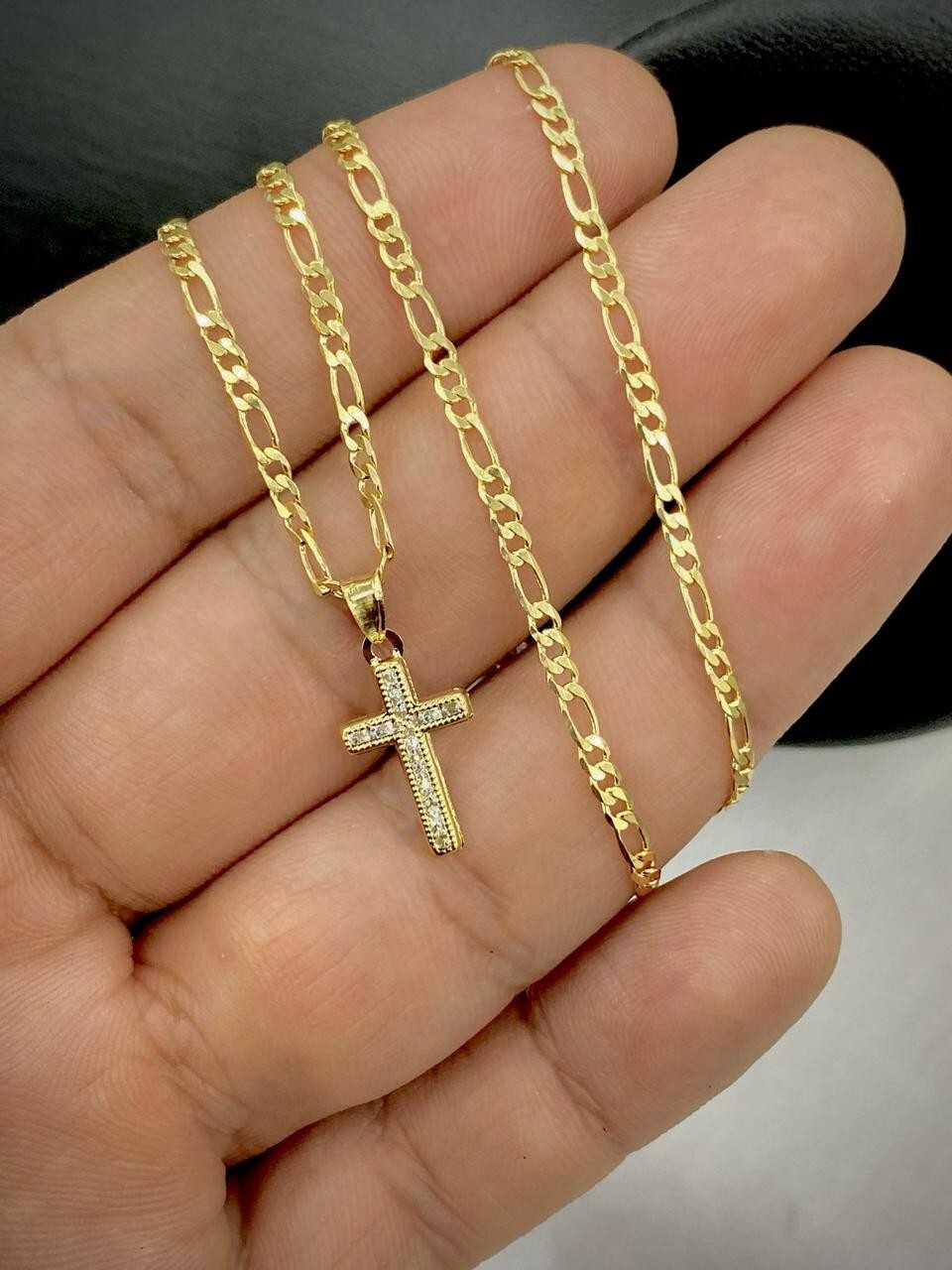 14K Gold Filled Tiny CZ Cross Pendant Necklace Womens 17x10mm Figaro Crucifix