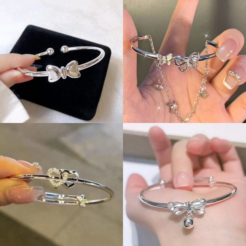 Silver Bowknot Heart Butterfly Bracelet Adjustable Bangle Women Jewelry Gift Hot