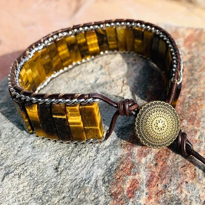 Tiger’s Eye Stone Protection Bracelet Boho Golden Crystal Women Men Jewelry