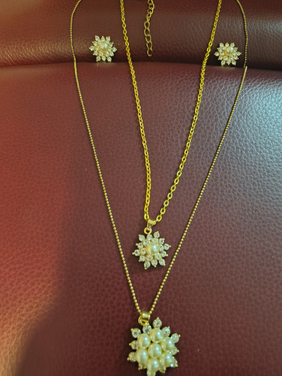 Faux Pearl Rhinestone Flower Cluster Layering Necklace & Earring Set Gold Tone