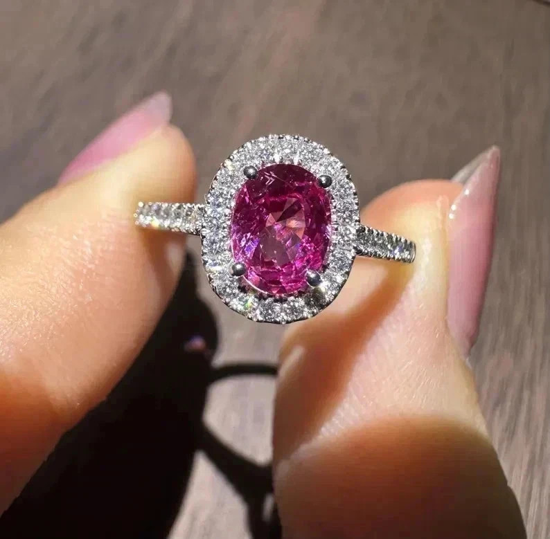 Oval Cut 4.56Ct Natural Pink Sapphire Diamond Wedding Ring 14K White Gold Plated