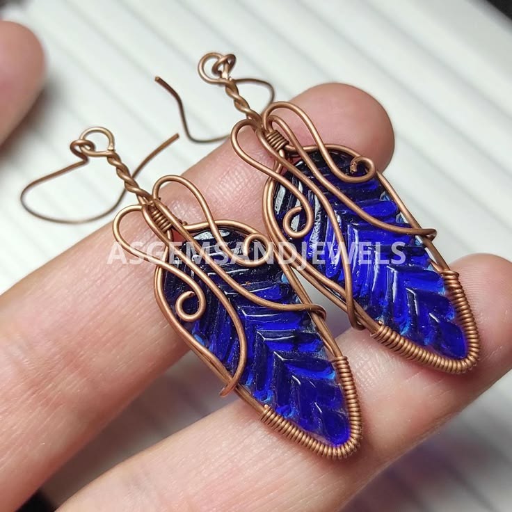 Carving Glass Copper Earings Pair, Wire Wrapped Handmade Dangle Earrings