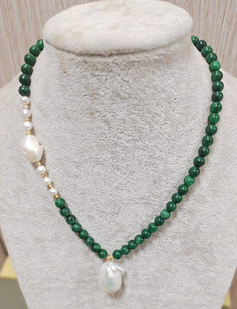 Natural 6mm Emerald Round Beads 15*20mm White Baroque Pearl Necklace 16″-22″AA