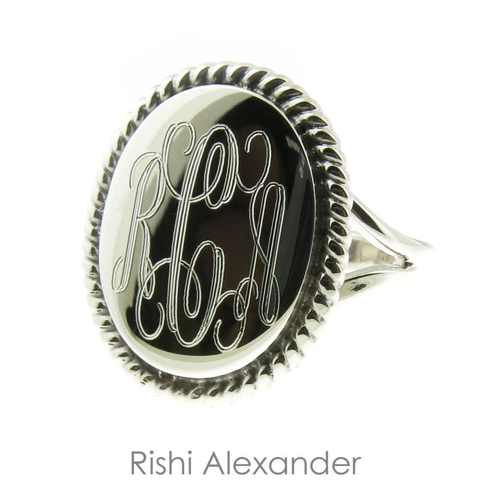 925 Sterling Silver High Polished Monogram Oval with Rope Edge Signet Ring