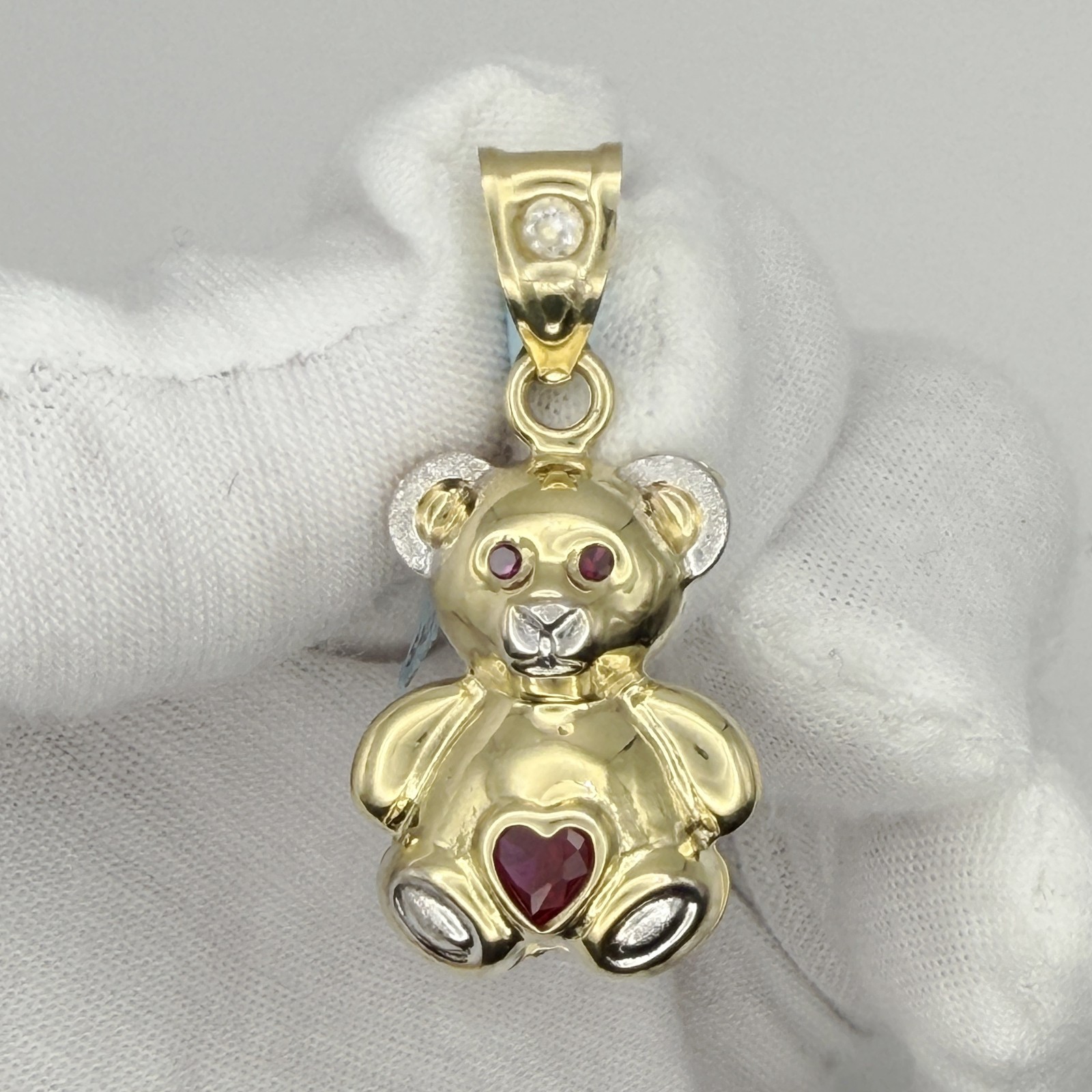 10k Two-tone Gold Red White Heart Round Cubic-Zirconia Teddy Bear Charm Pendant
