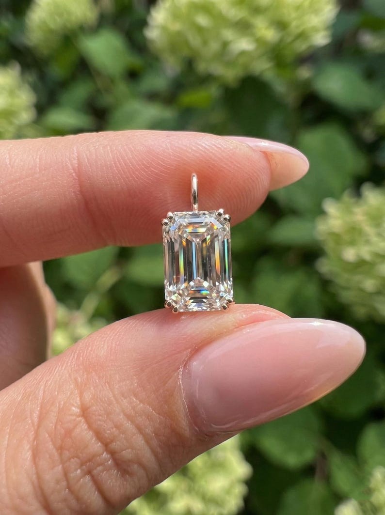 Solitaire Emerald Cut Moissanite Double Prong 10k Solid Gold Pendant For Her