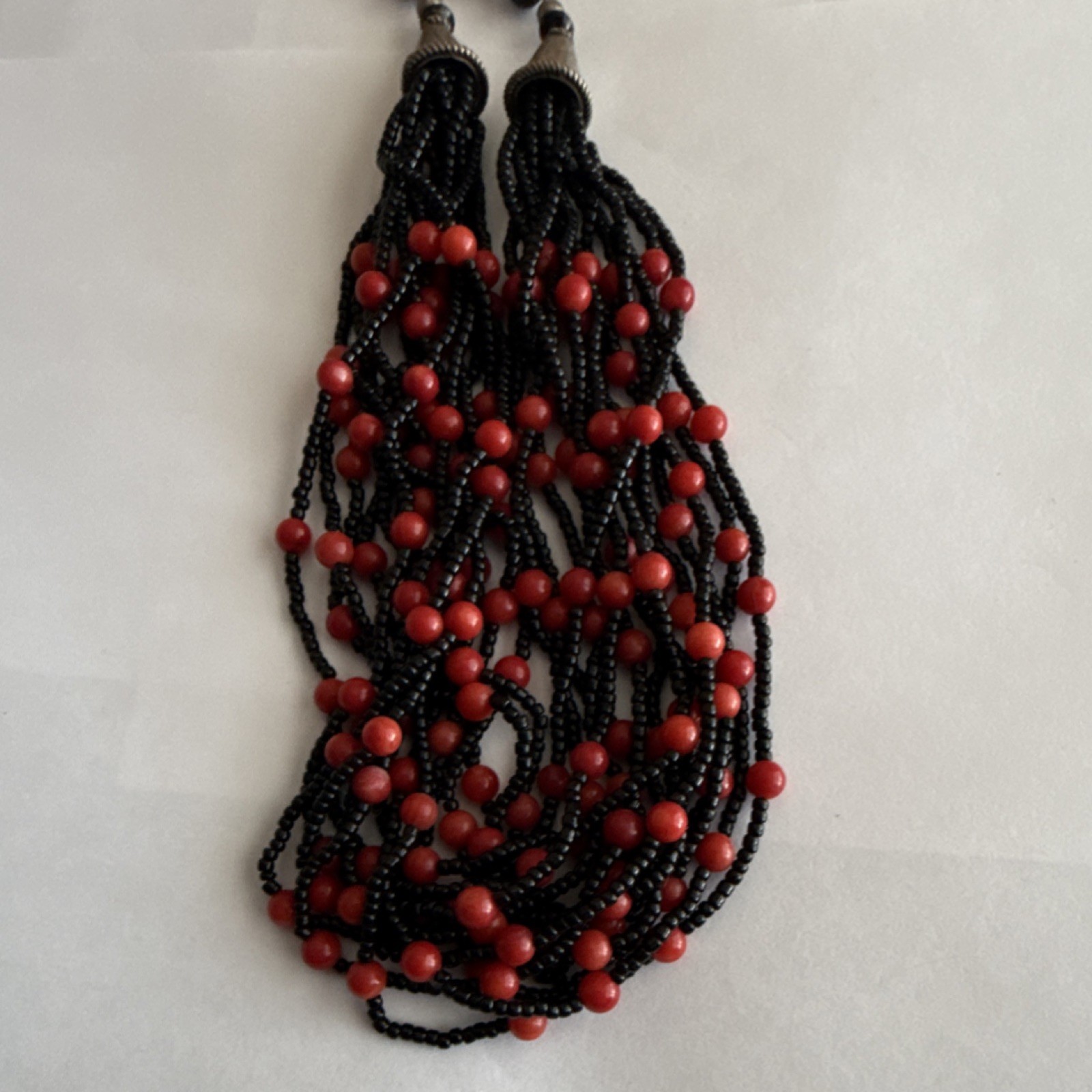 Black Red Coral Beaded Multi-Strand Necklace 925 Lobster Clasp