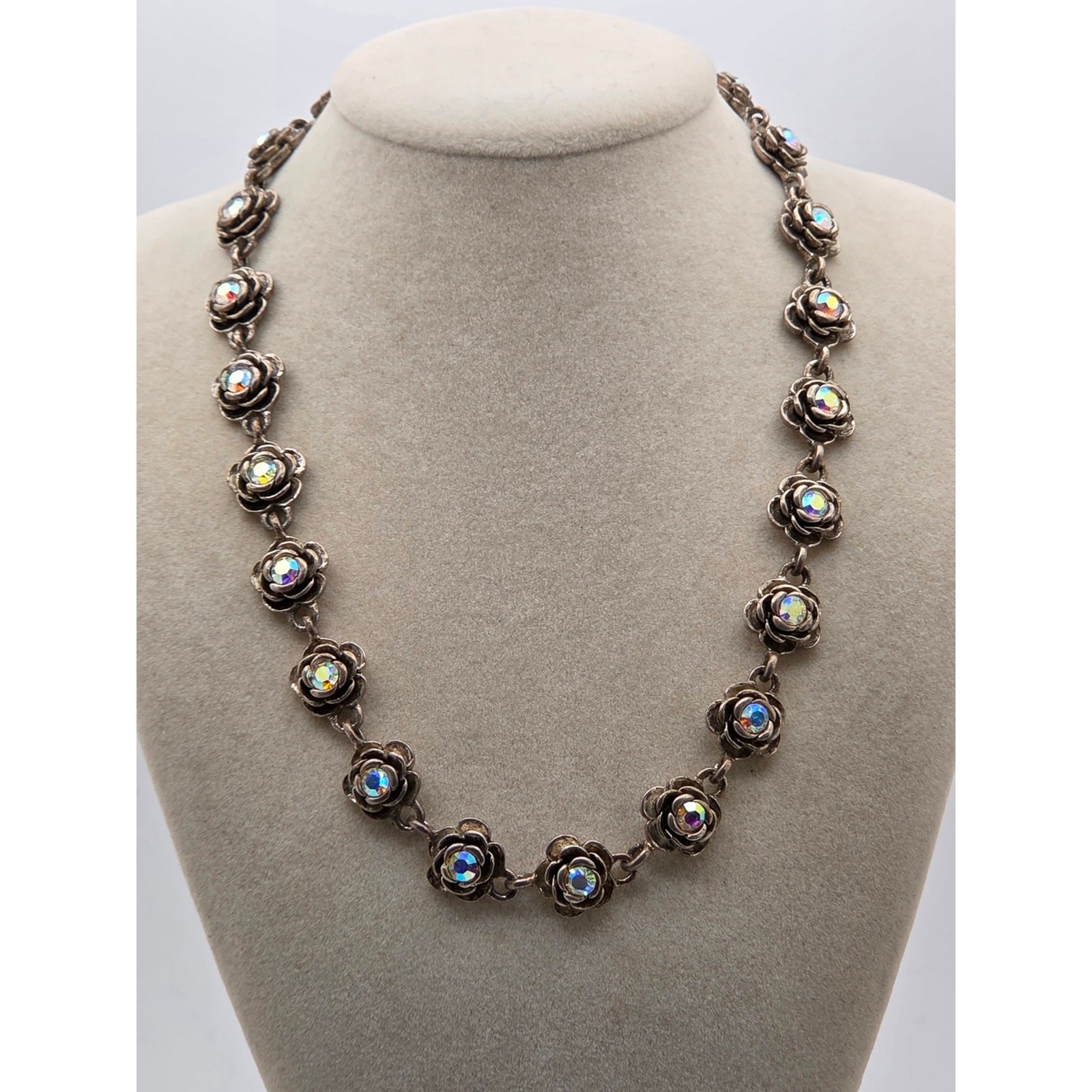 Premier Designs Antiqued Silvertone Rose Link Necklace AB Rhinestones 18″