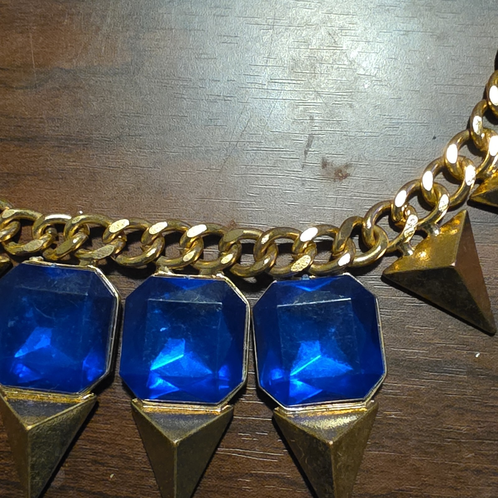 Gold Tone Curb Link Chain Necklace Blue Octagon Crystal Spike Dangles Adj 21in