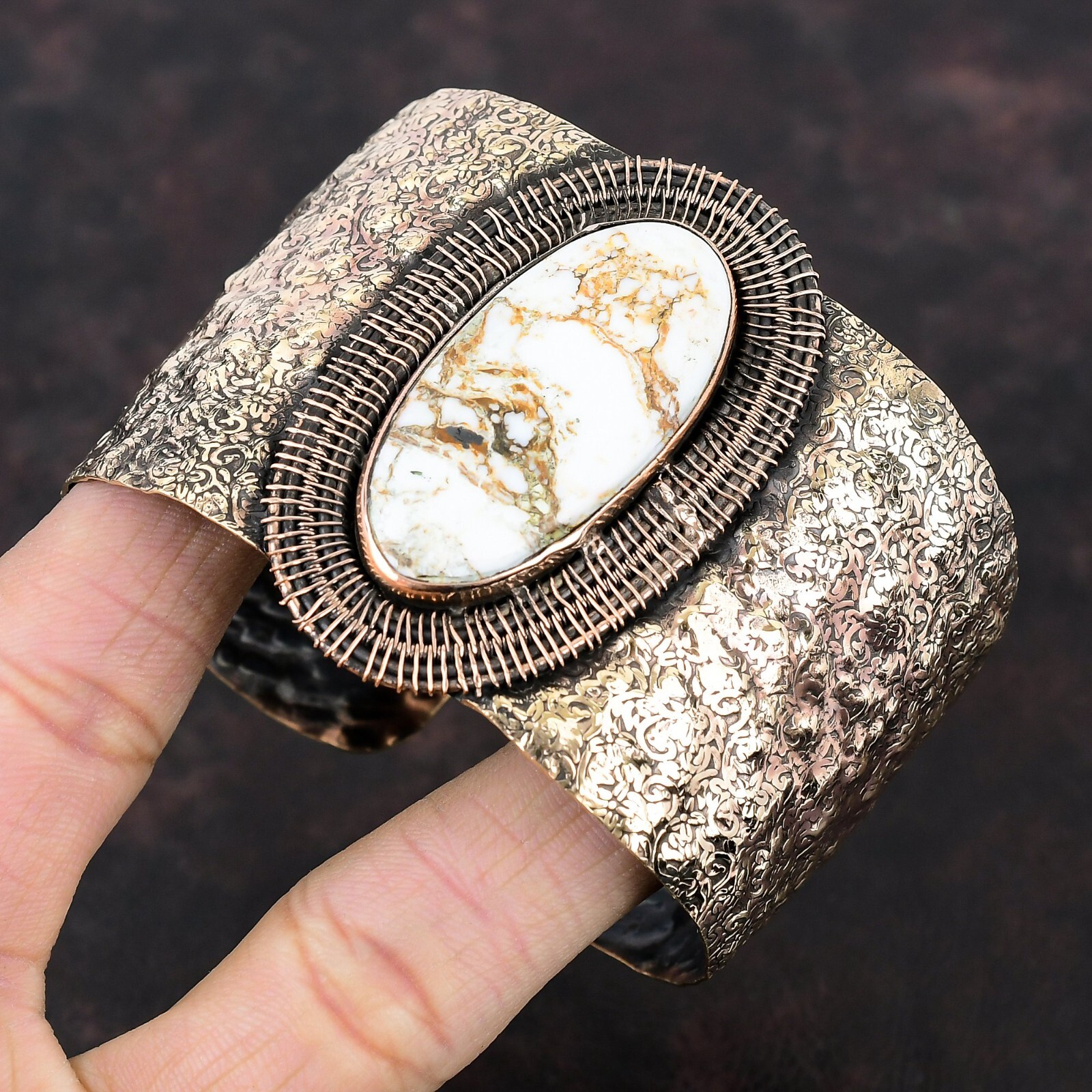 Wild Horse Magnesite Wire Wrapped Adjustable Bangle Handcrafted Copper Ethnic