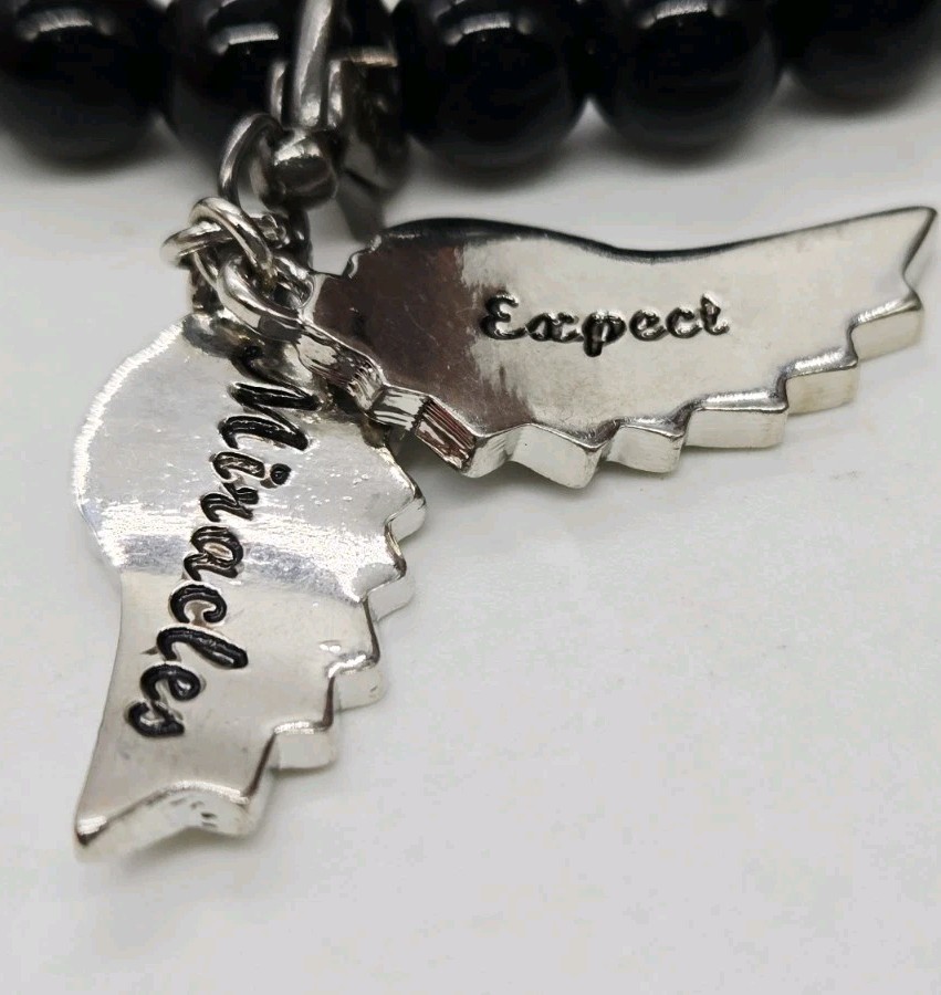Kirks Folly Necklace Expect Miracles Angel Wing Black Beaded Silver tone 8 mm