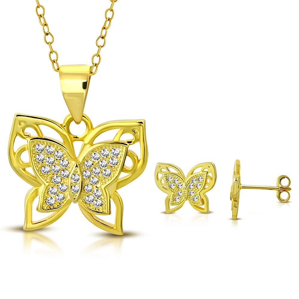925 Sterling Silver Yellow Gold-Tone CZ Butterfly Pendant Stud Earrings Set, 18″