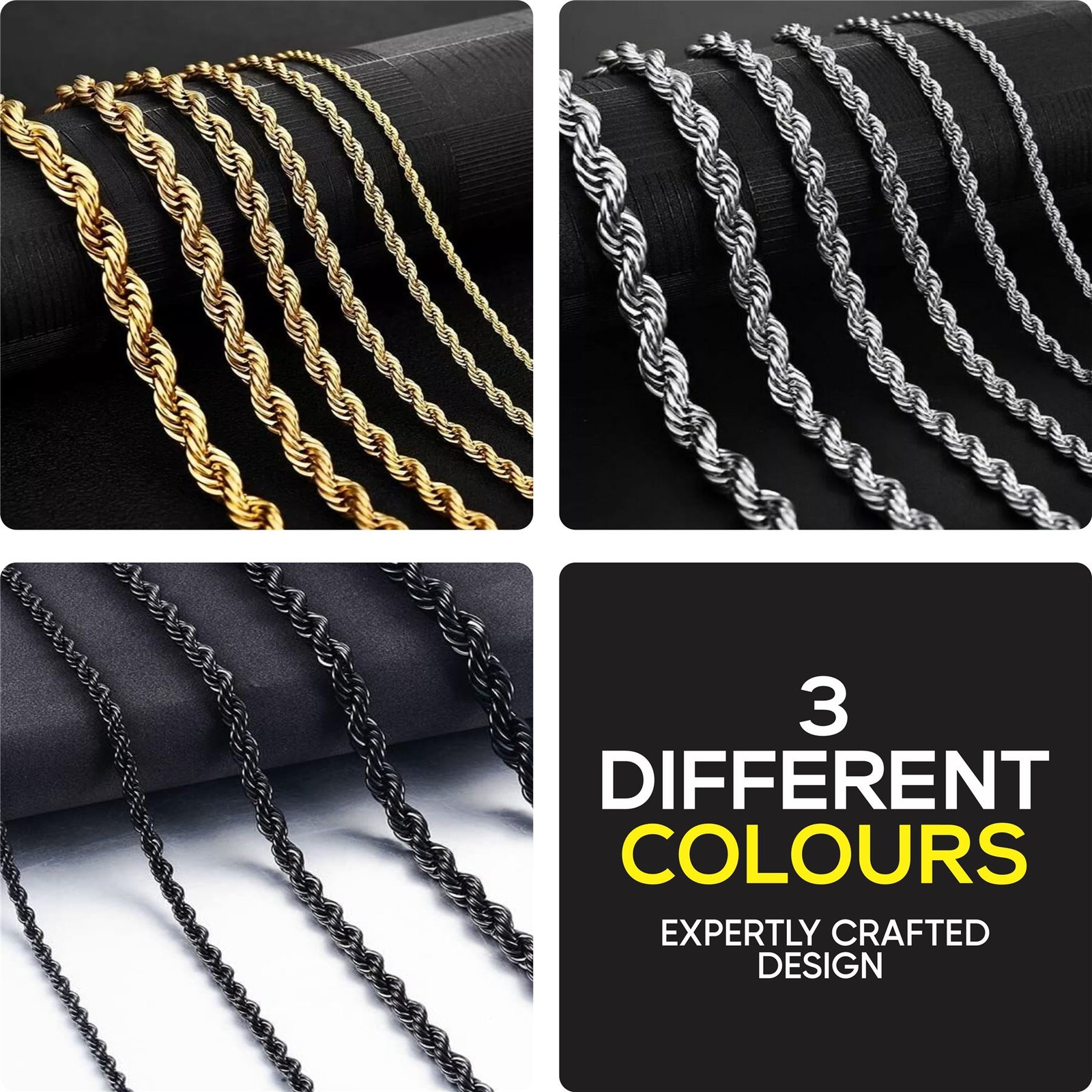 *UK* Men’s Black 316L Stainless Steel 3mm / 22 Inch Knot Twist Rope Necklace