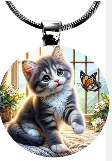 Grey Kitty Cat Butterfly Glass Cabochon Necklace Pendant 25mm with Chain Custom
