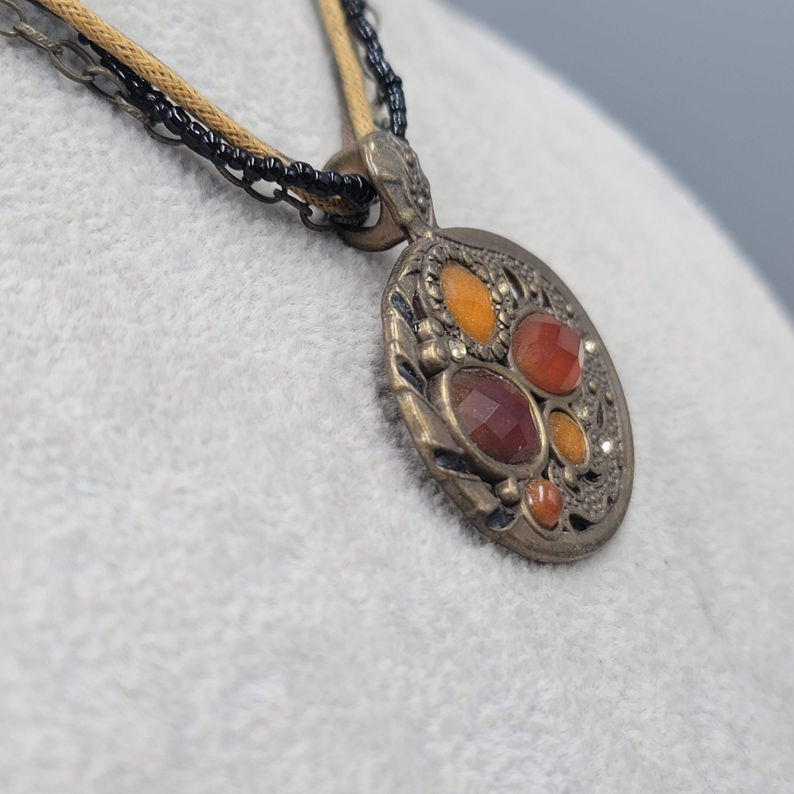 Embossed Acrylic Rhinestone Pendant Necklace Bronze tone Multiple Strands 15″-17