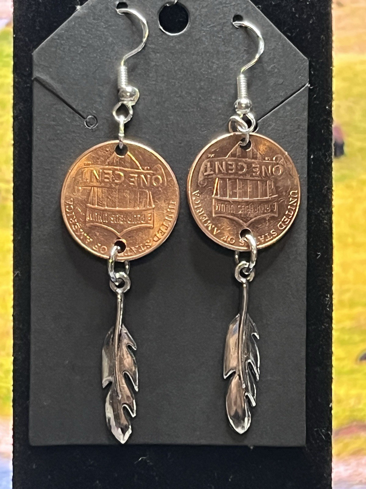 2-2025 D Pennys Coin & Feather Charm Dangle/Drop Hook Earrings, Multicolor Metal