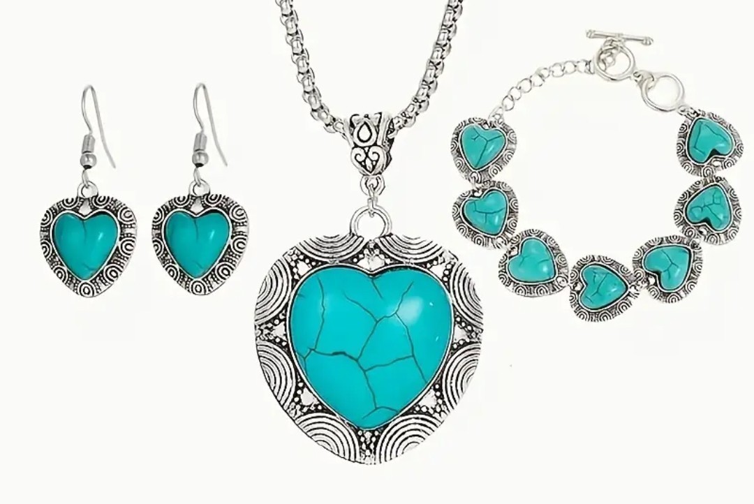 Silver Tone Turquoise Heart Necklace, Earrings & Bracelet Jewelry Set
