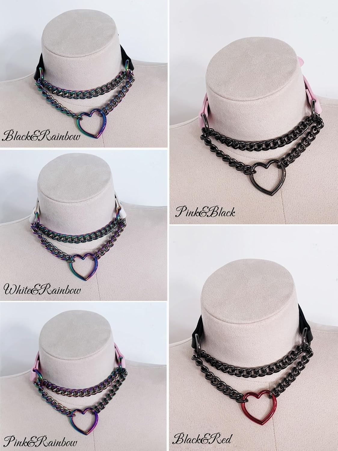 Unique Black Leather Choker with Rainbow Heart Ring, Adjustable Fit
