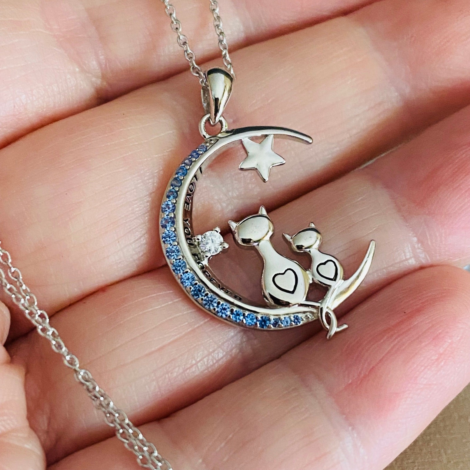 Cats Moon I Love You Forever CZ Sterling Silver Necklace