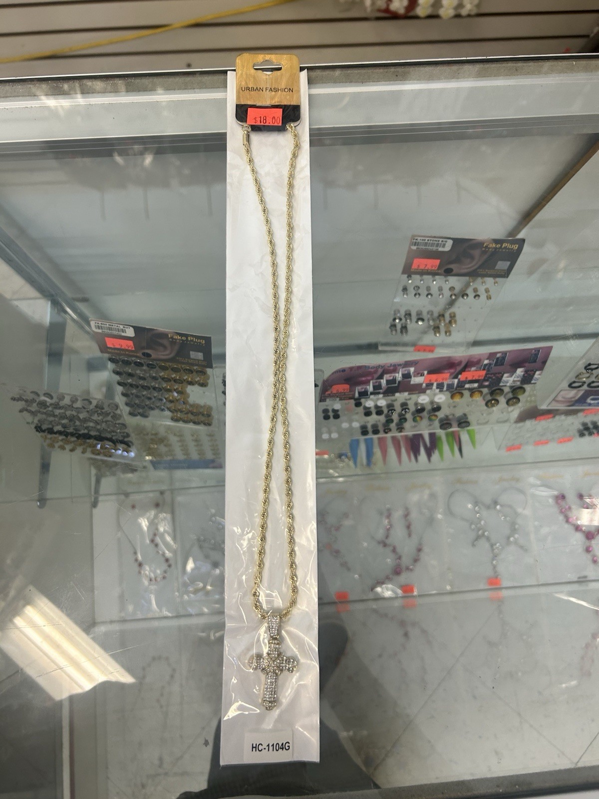 Gold Tone Iced Out Cross Pendant Necklace Thick Crucifix
