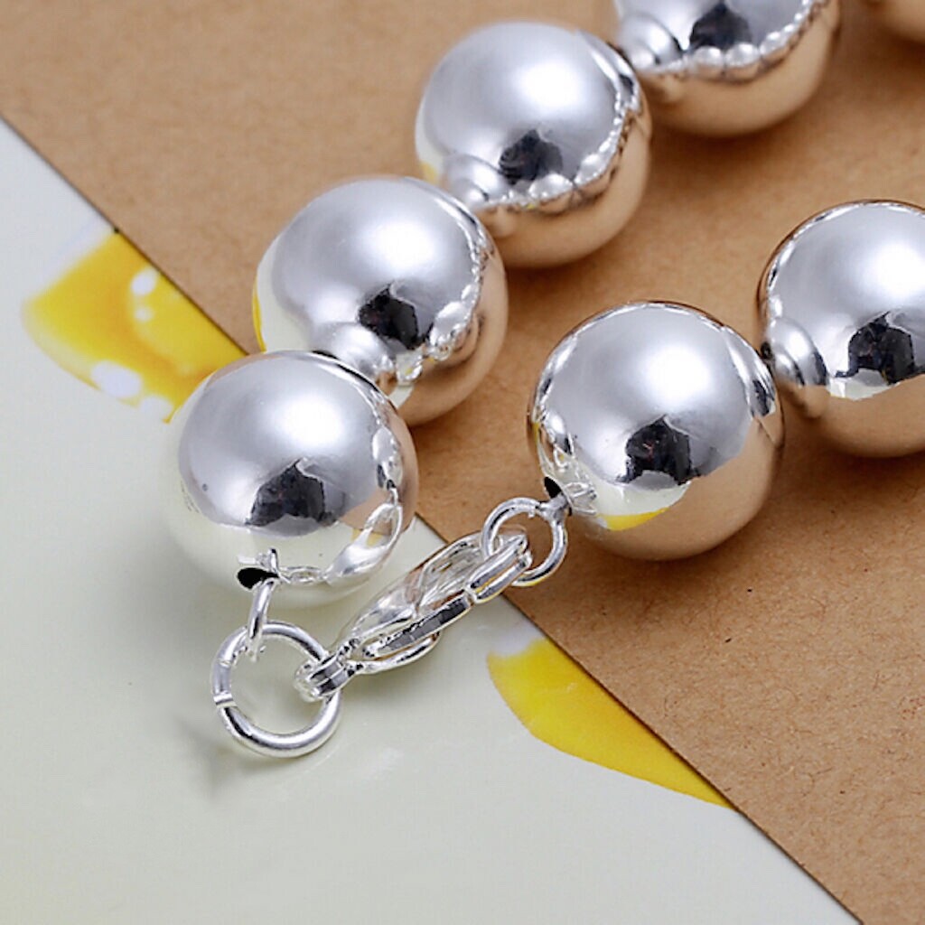 Unisex 925 Sterling Silver Bracelet Beads Balls Size 8 Inches 14MM Lobster L36