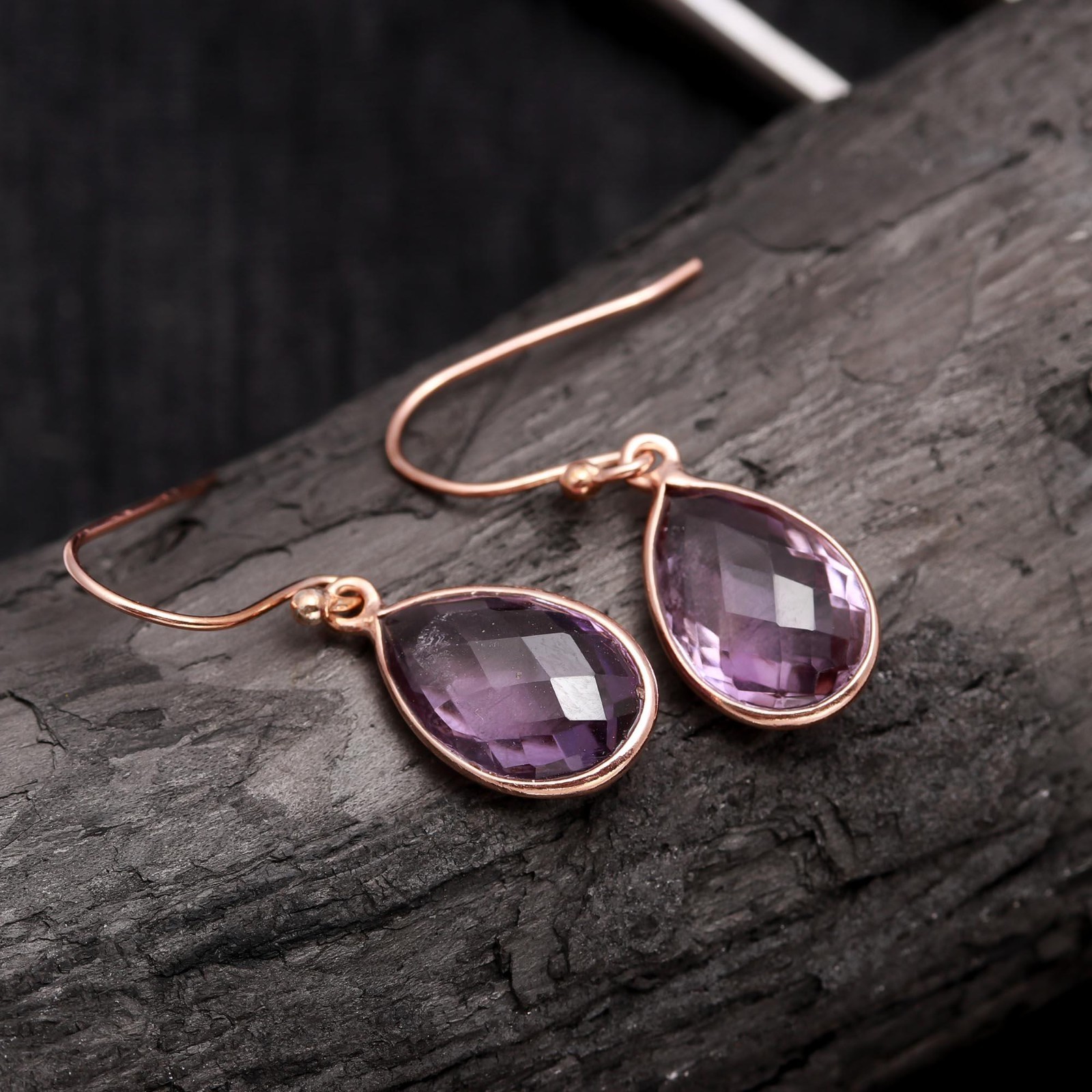 Natural Pink Amethyst Pear Dangle Earrings Rose Gold Plated Solid Silver Jewelry