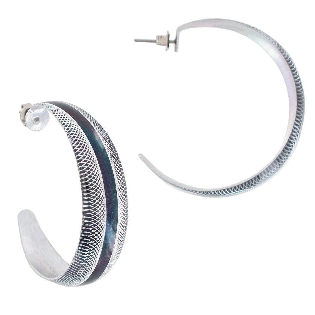Pierced Hoop Earrings Silver Tone 1 3/4″ Black Stripe