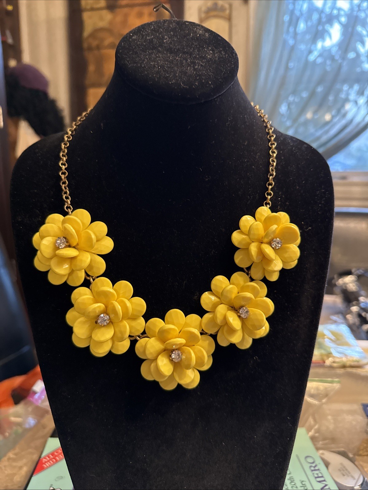 J Crew Camellia Bright Yellow Floral Necklace w/ Clear Rhinestones 16-20”