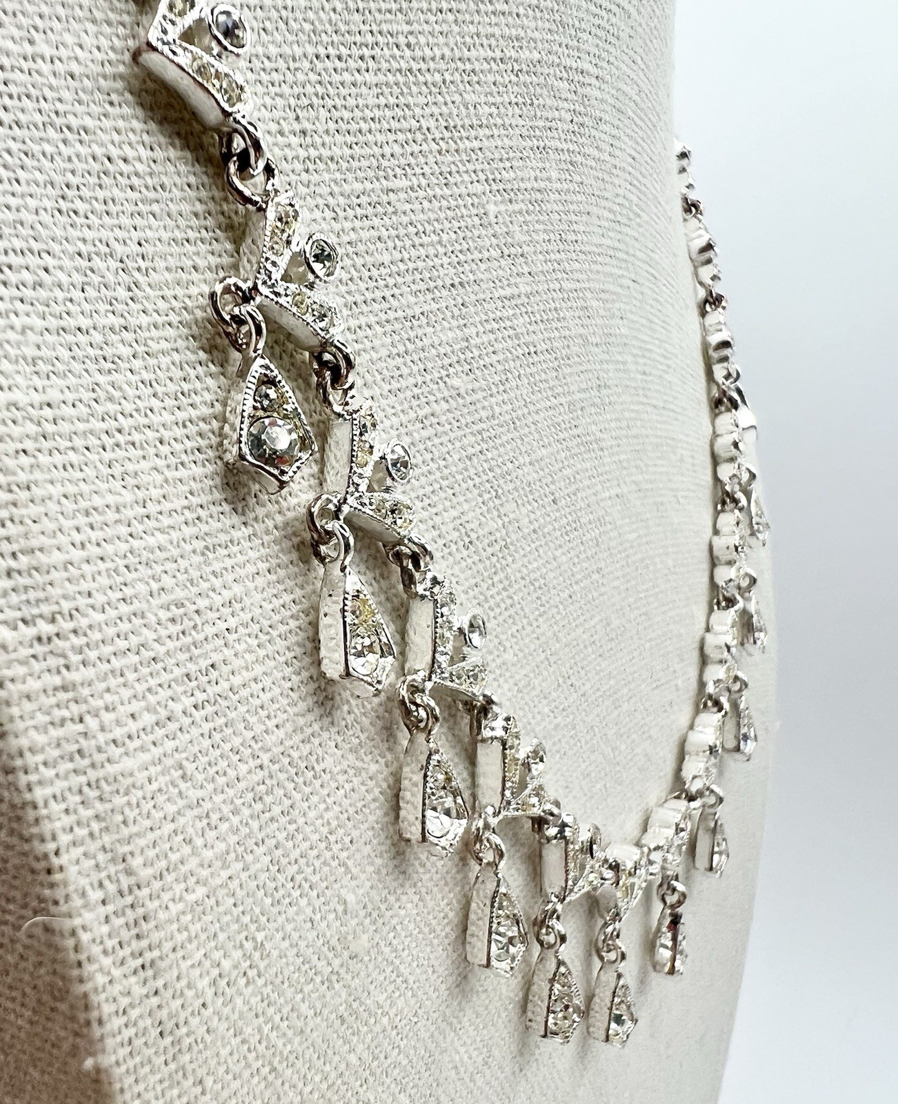 Vintage Napier Necklace Rhinestone Drop Statement Bridal Formal Silver Tone 17”