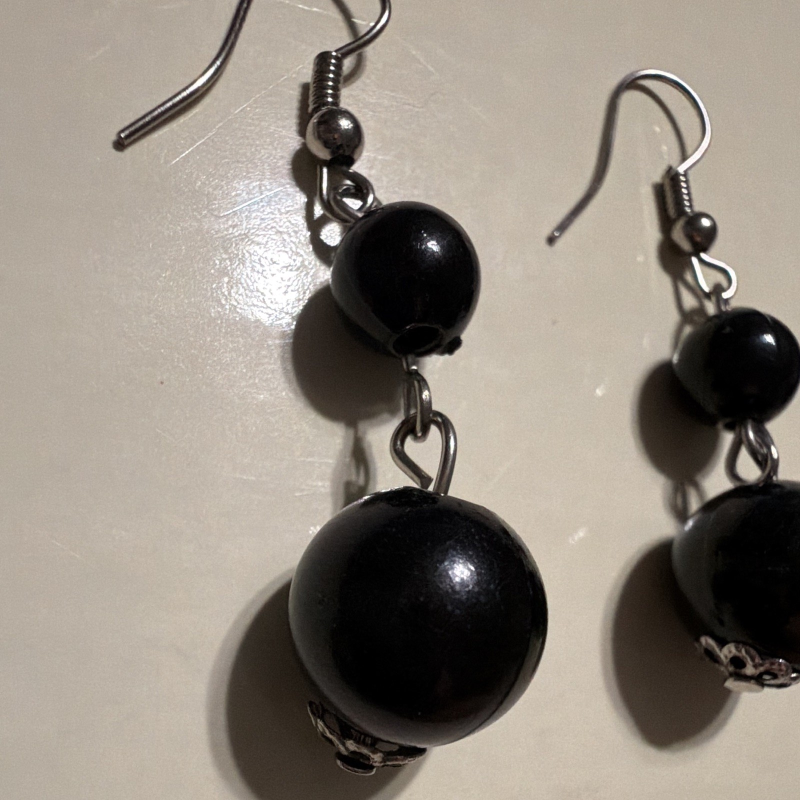 Black Round Beaded Dangle/Drop Earrings, Silver Tone Metal Hook Closure