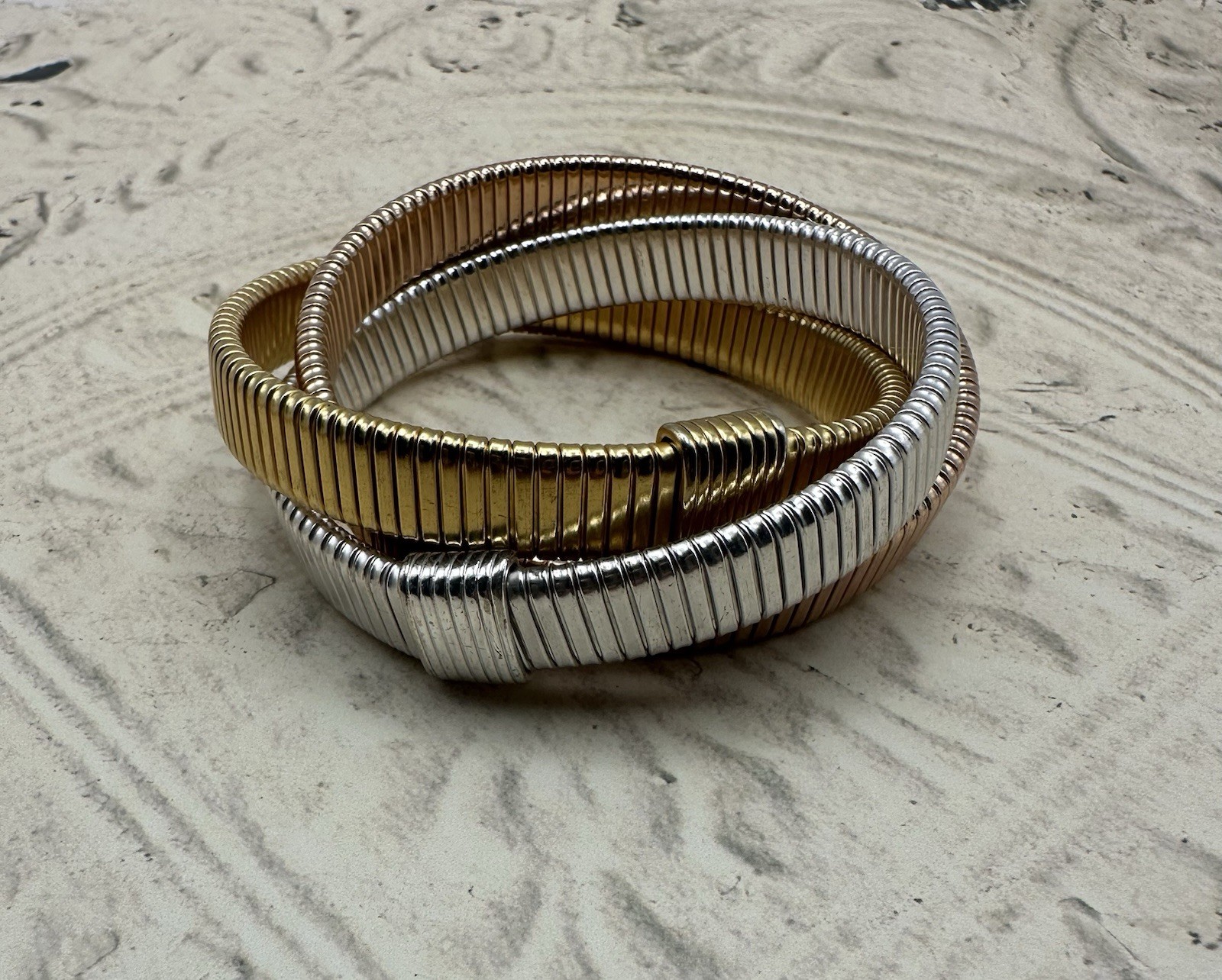 J. Crew Omega Interlocking Stretch Bracelets Tri Color Gold Silver Rose SOLD OUT