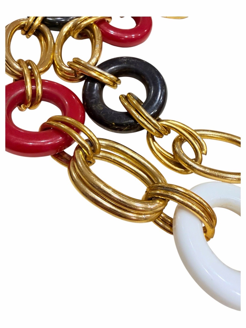 1980s Chunky Gold Chain Link Necklace with Red, Black and White Rings