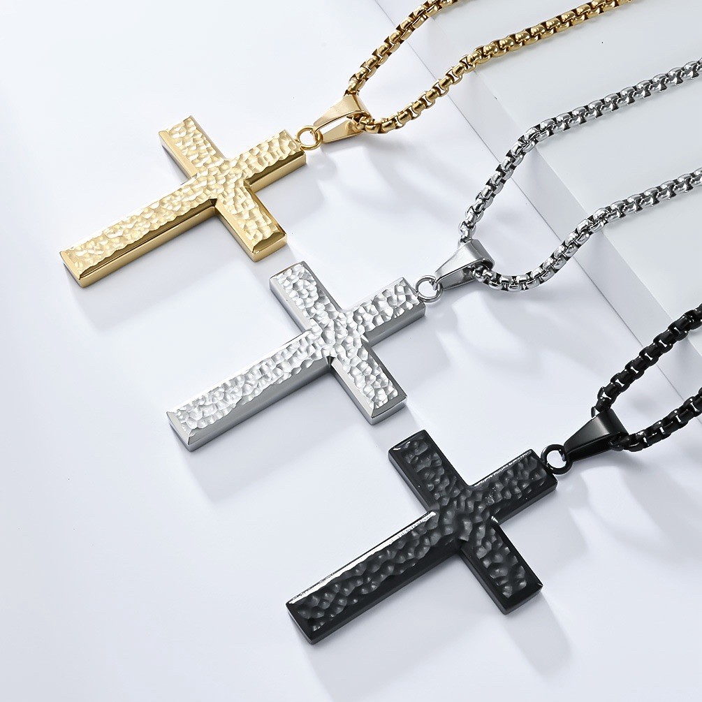 Hammered Steel Cross Necklace, Gold Silver Black Box Chain, Christian Pendant