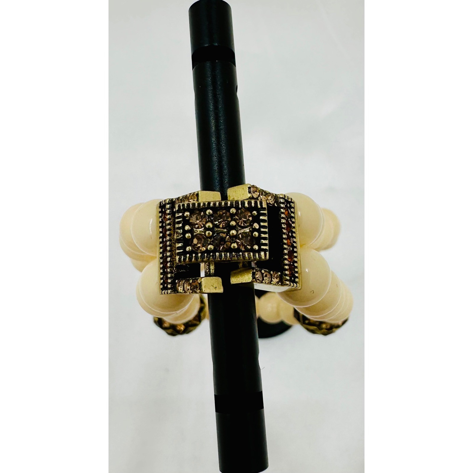 Heidi Daus Cream Faux Pearl Double Strand Bracelet Bronzetone Crystal Clasp 8in