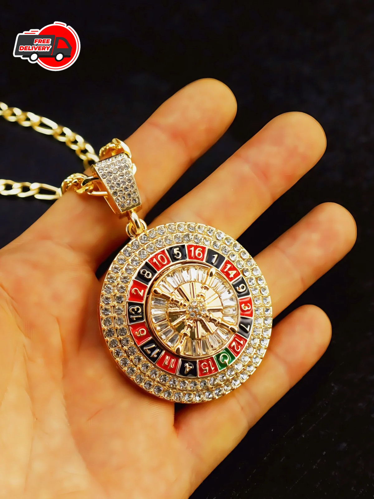 Gold Roulette Spinning Center /Casino Poker Cards Pendant Necklace Cuban Chain