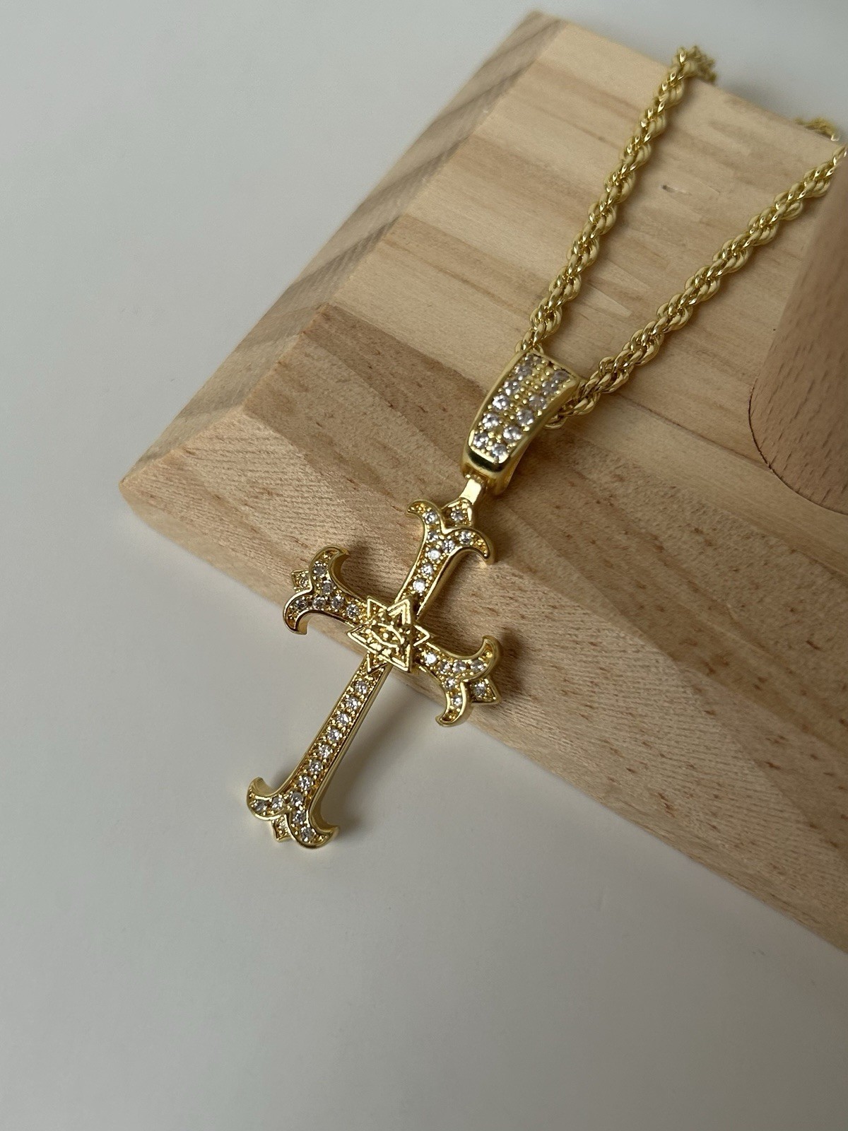 18K Gold XP Cross Necklace – Iced CZ Stones – 55cm Elegant Rope Chain (22’)