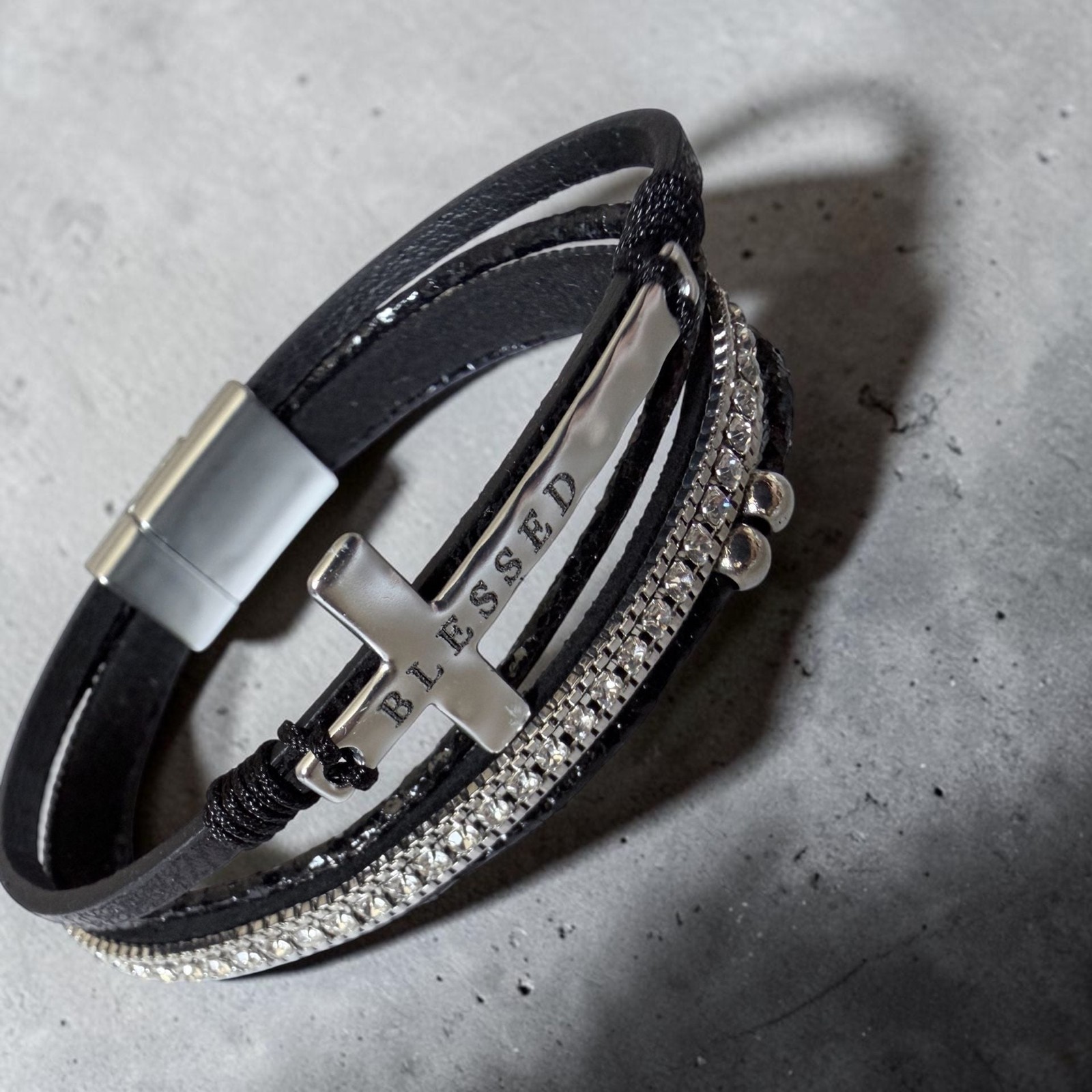 Womens Multi-Layer Blessed Cross Magnetic Wrap Bracelet – Black