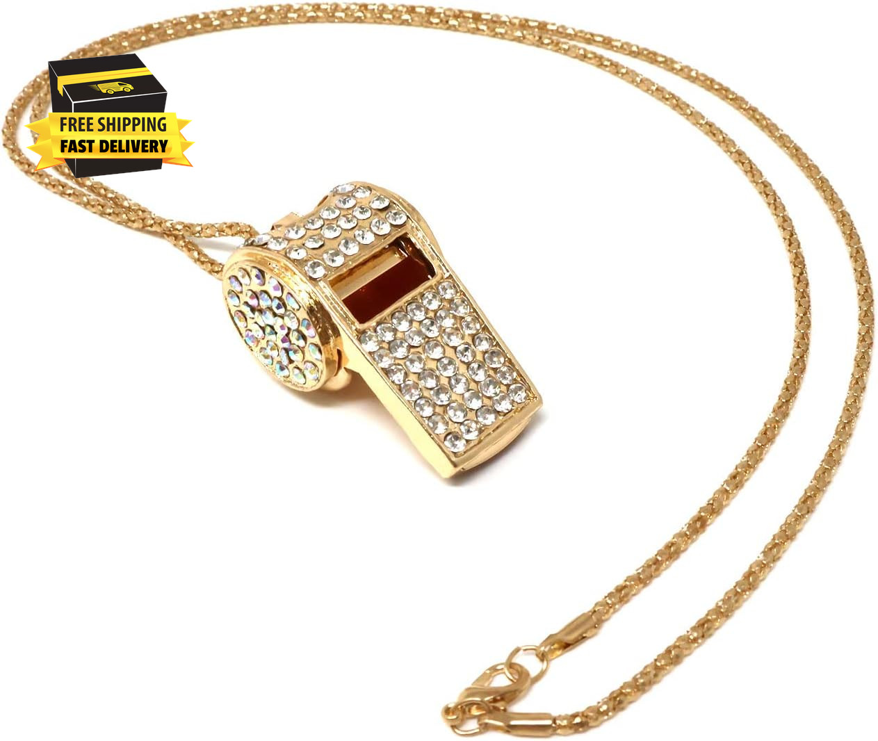 1PCS Rhinestone Whistle Long Sweater Chain Gold Plated Whistle with Crystal Cap