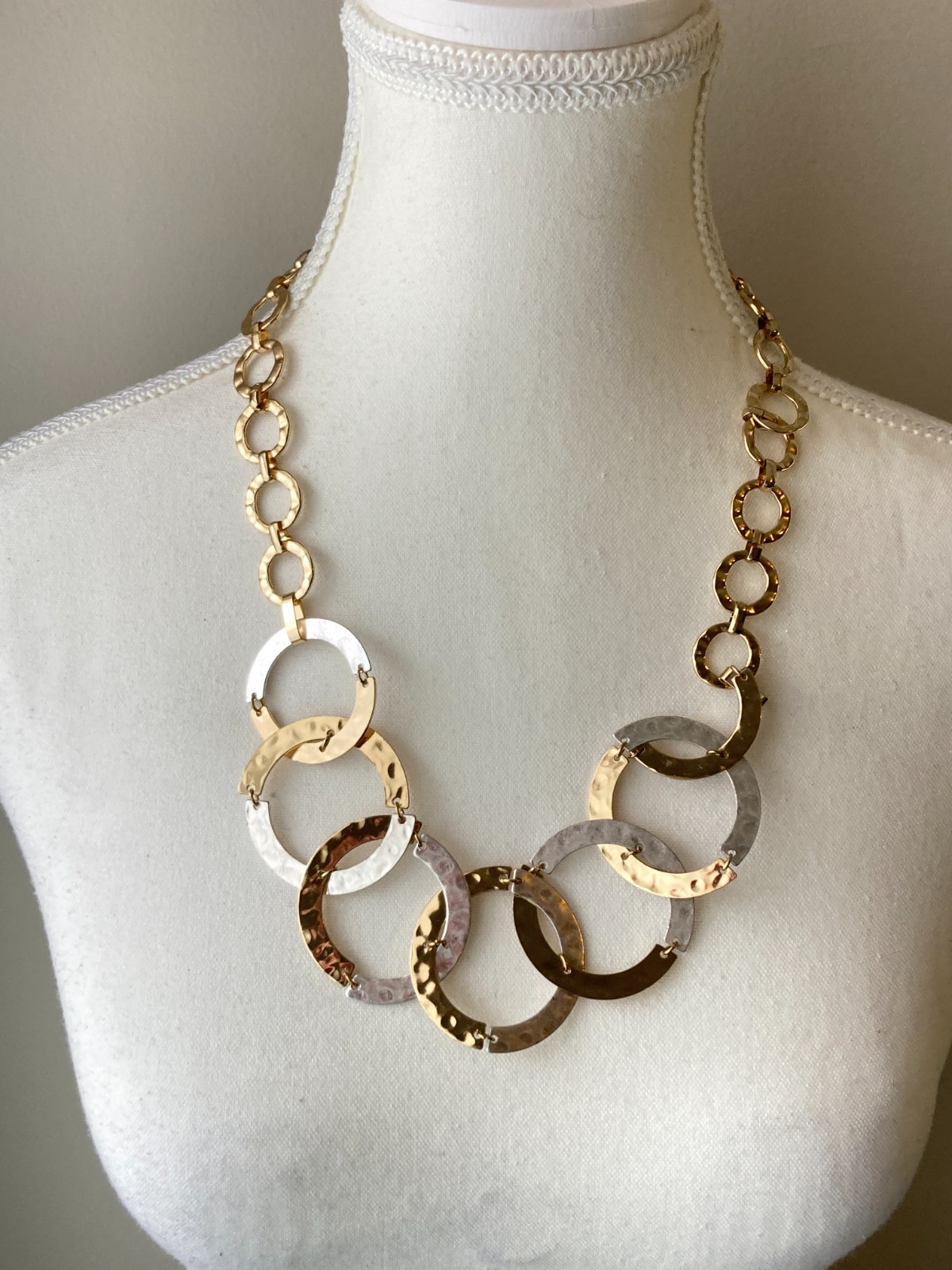 Brutalist Necklace Hammered Mixed Metal Circle Link Gold & Silver Tones Modern