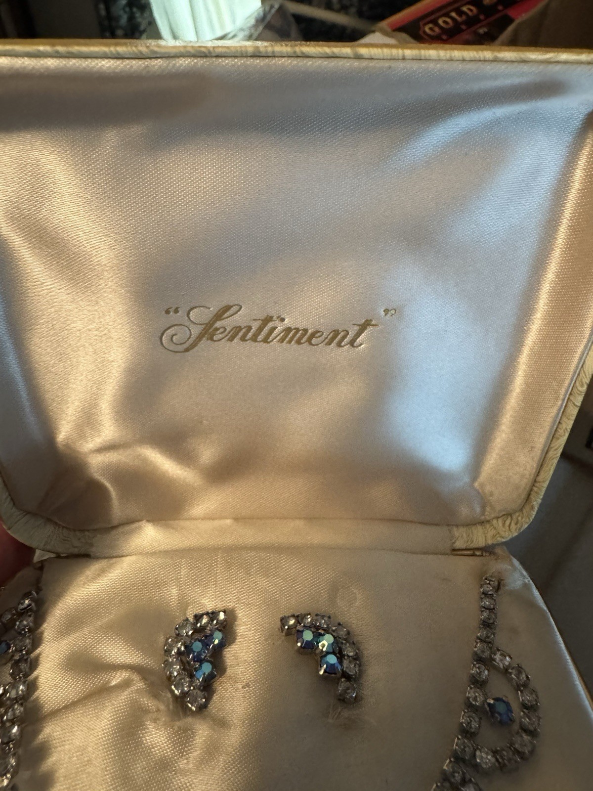 Sentiment Blue Crystal Rhinestone Jewelry Set Necklace Bracelet Earrings Signed